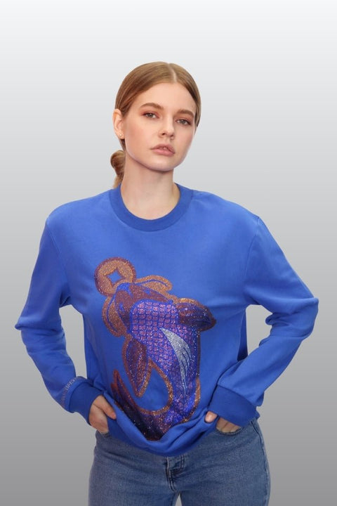 Koi Fish Lucky Feng Shui Rhinestoned Sweatshirt - Blue