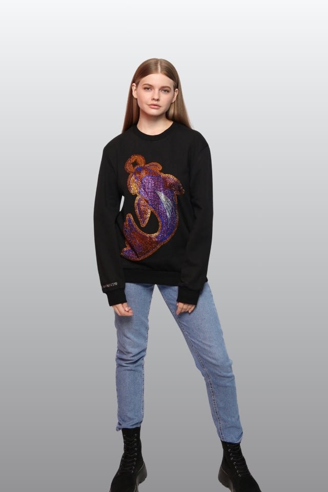 Koi Fish Lucky Feng shui Rhinestoned Sweatshirt - Black