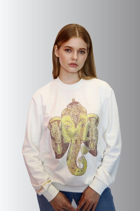 Ganesha for Success - Rhinestoned Sweatshirt - White