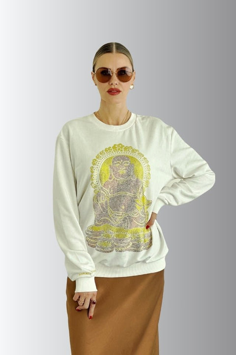 Happy Buddha - Lucky Feng Shui Rhinestoned Sweatshirt - White