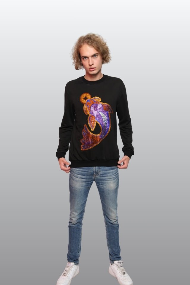 Koi Fish Lucky Feng shui Rhinestoned Sweatshirt - Black