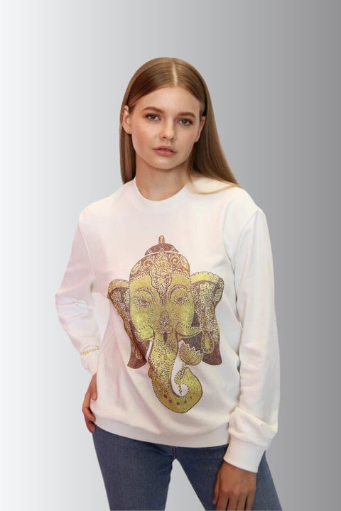 Ganesha for Success - Rhinestoned Sweatshirt - White