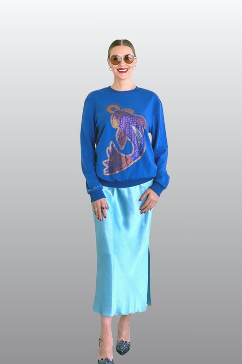 Koi Fish Lucky Feng Shui Rhinestoned Sweatshirt - Blue