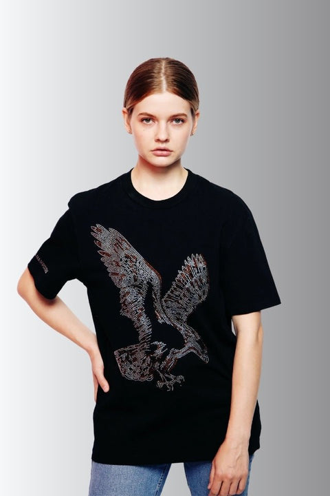 Eagle - Lucky Fengshui Rhinestoned T-Shirt - Black