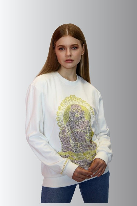 Happy Buddha - Lucky Feng Shui Rhinestoned Sweatshirt - White