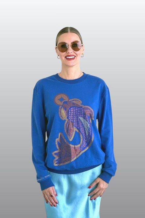 Koi Fish Lucky Feng Shui Rhinestoned Sweatshirt - Blue