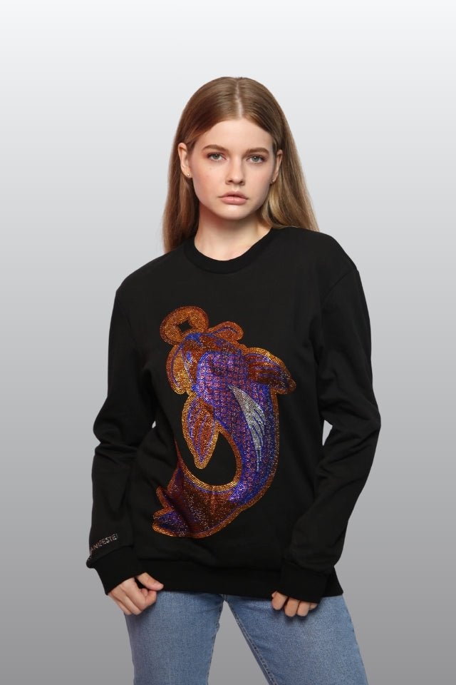 Koi Fish Lucky Feng shui Rhinestoned Sweatshirt - Black