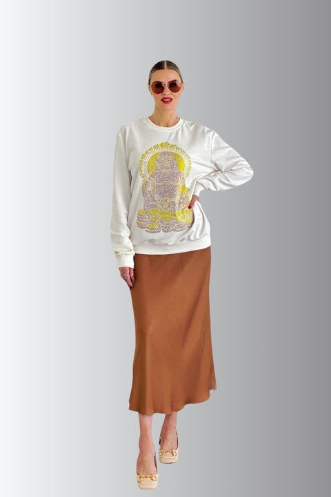 Happy Buddha - Lucky Feng Shui Rhinestoned Sweatshirt - White