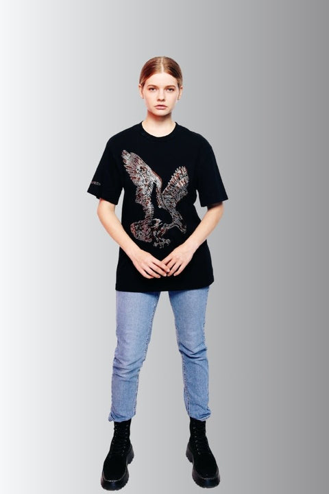 Eagle - Lucky Fengshui Rhinestoned T-Shirt - Black