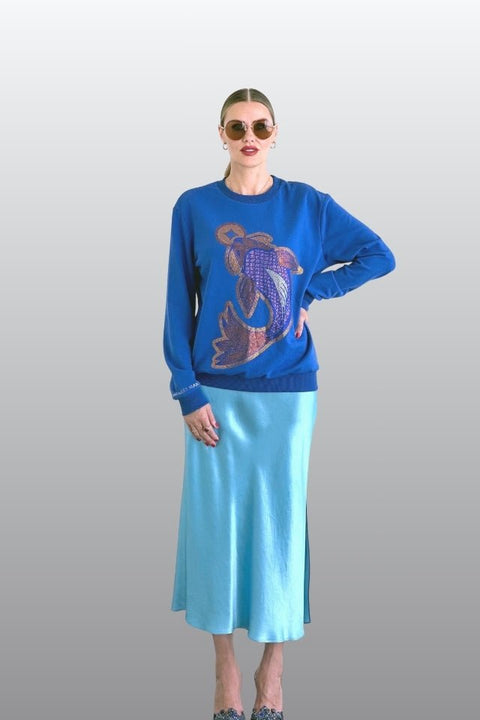 Koi Fish Lucky Feng Shui Rhinestoned Sweatshirt - Blue