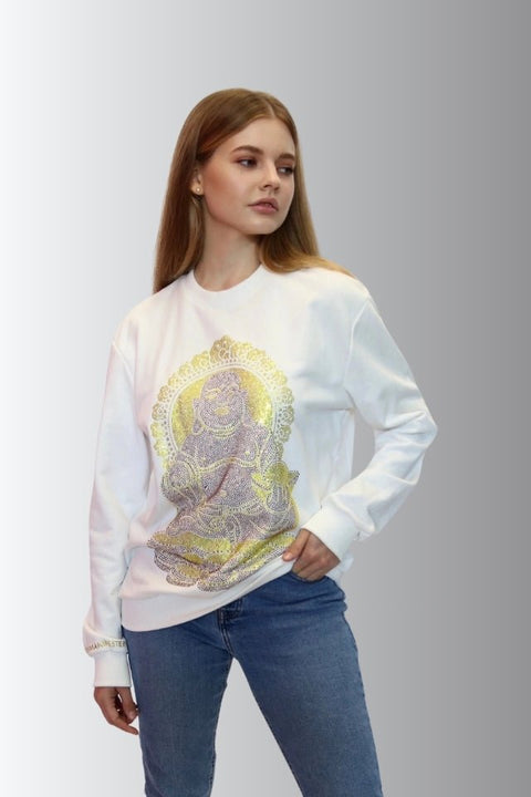 Happy Buddha - Lucky Feng Shui Rhinestoned Sweatshirt - White