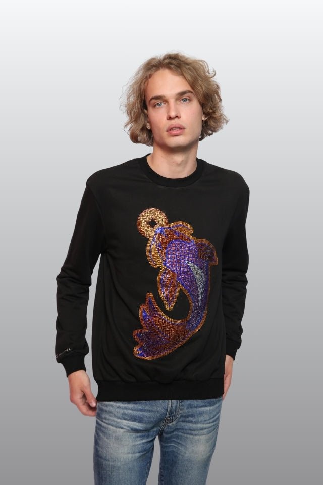 Koi Fish Lucky Feng shui Rhinestoned Sweatshirt - Black