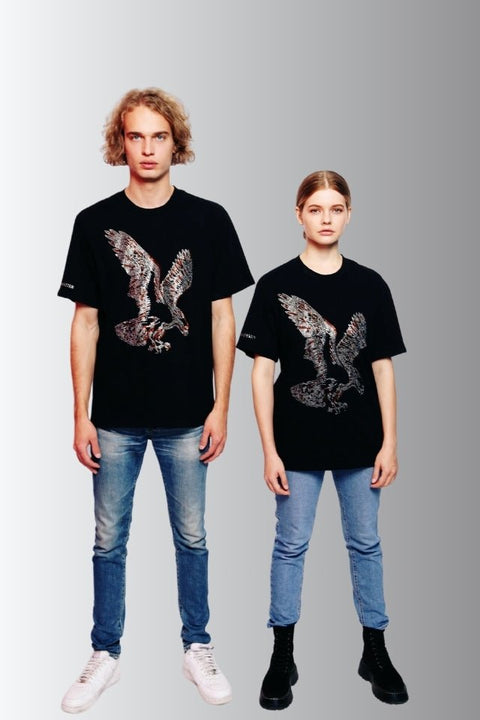 Eagle - Lucky Fengshui Rhinestoned T-Shirt - Black