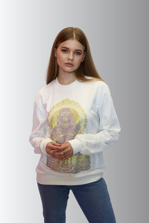 Happy Buddha - Lucky Feng Shui Rhinestoned Sweatshirt - White