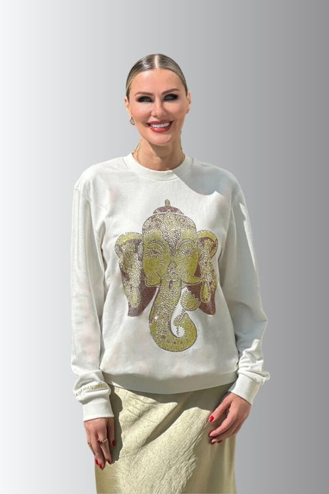 Ganesha for Success - Rhinestoned Sweatshirt - White