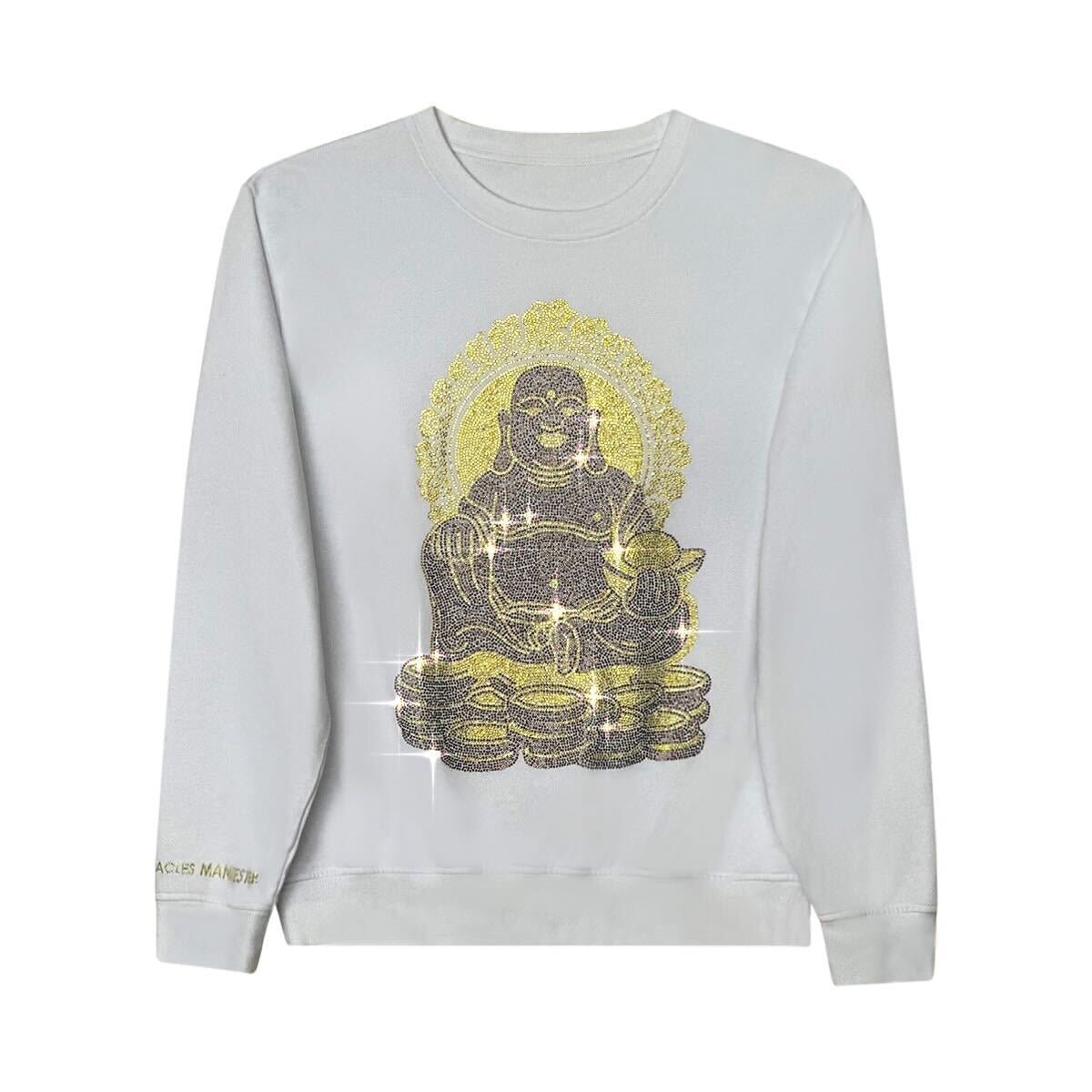 Happy Buddha - Lucky Feng Shui Rhinestoned Sweatshirt - White