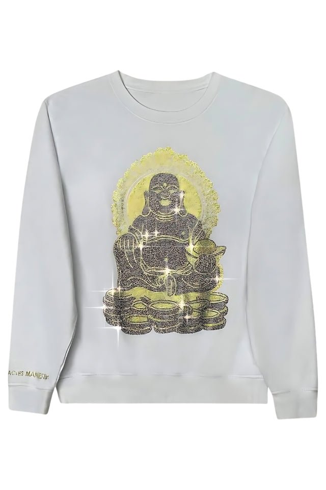 Happy Buddha - Lucky Feng Shui Rhinestoned Sweatshirt - White