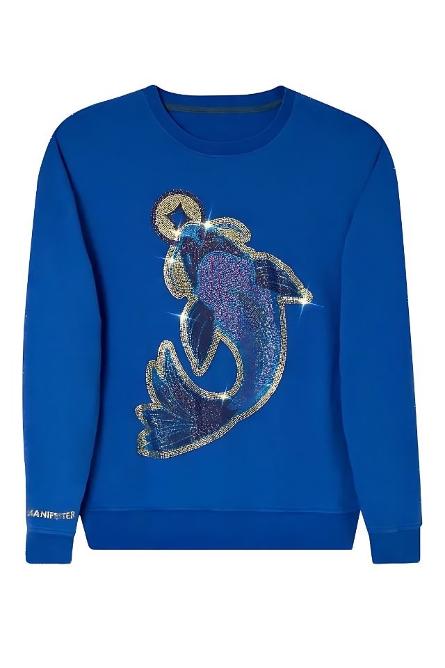 Koi Fish Lucky Feng Shui Rhinestoned Sweatshirt - Blue