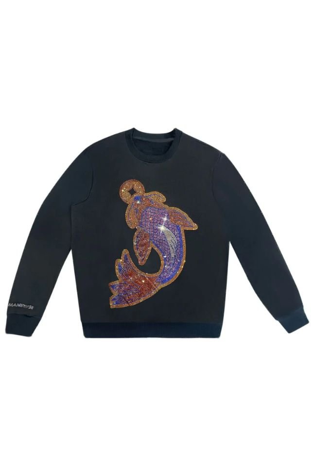 Koi Fish Lucky Feng shui Rhinestoned Sweatshirt - Black