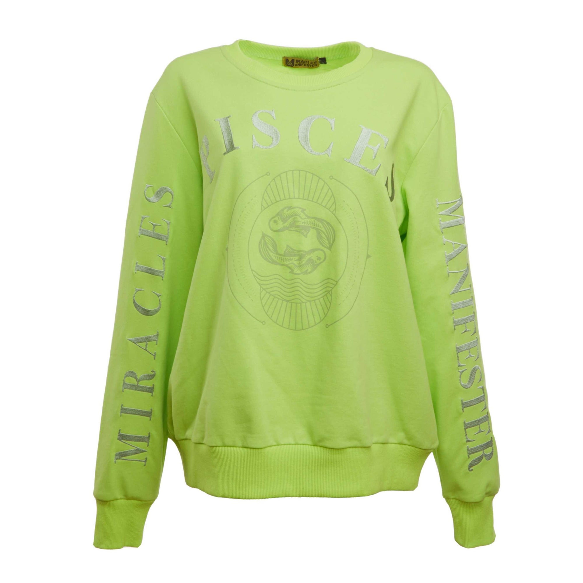 Embroidered Pisces Zodiac Sign Sweatshirt - Neon Green