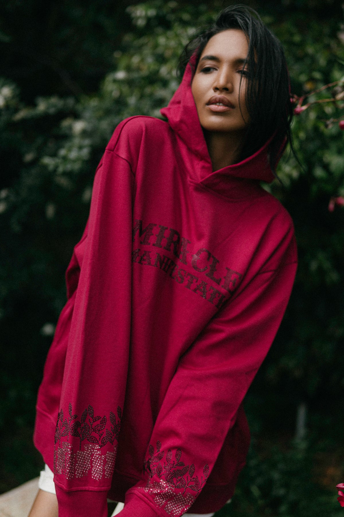 Money Tree Rhinestone Affirmation Hoodie - Raspberry